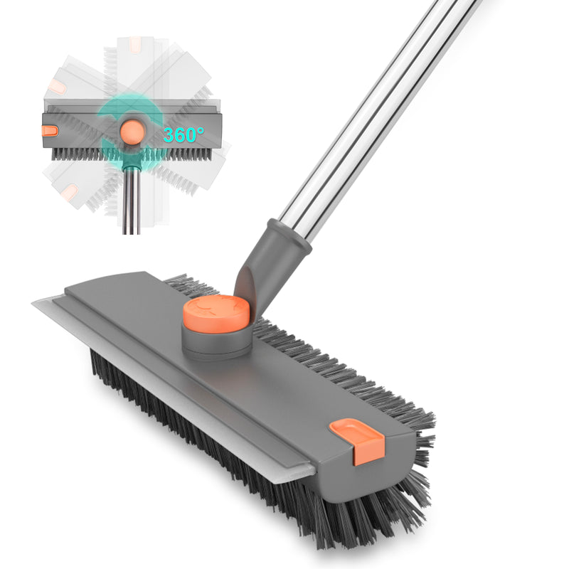 ITTAHO Rotatable Floor Scrub Brush with Long Handle, 3 in 1 Stiff Bristles Deck Brush with Squeegee