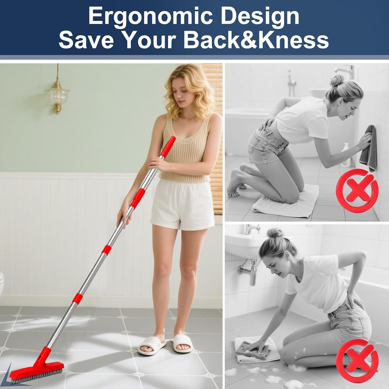 ITTAHO 2 Pack Grout Brush with Long Handle, Swivel Cleaning Grout Line Scrubber, Extendable Handle Grout Cleaner Brush Red