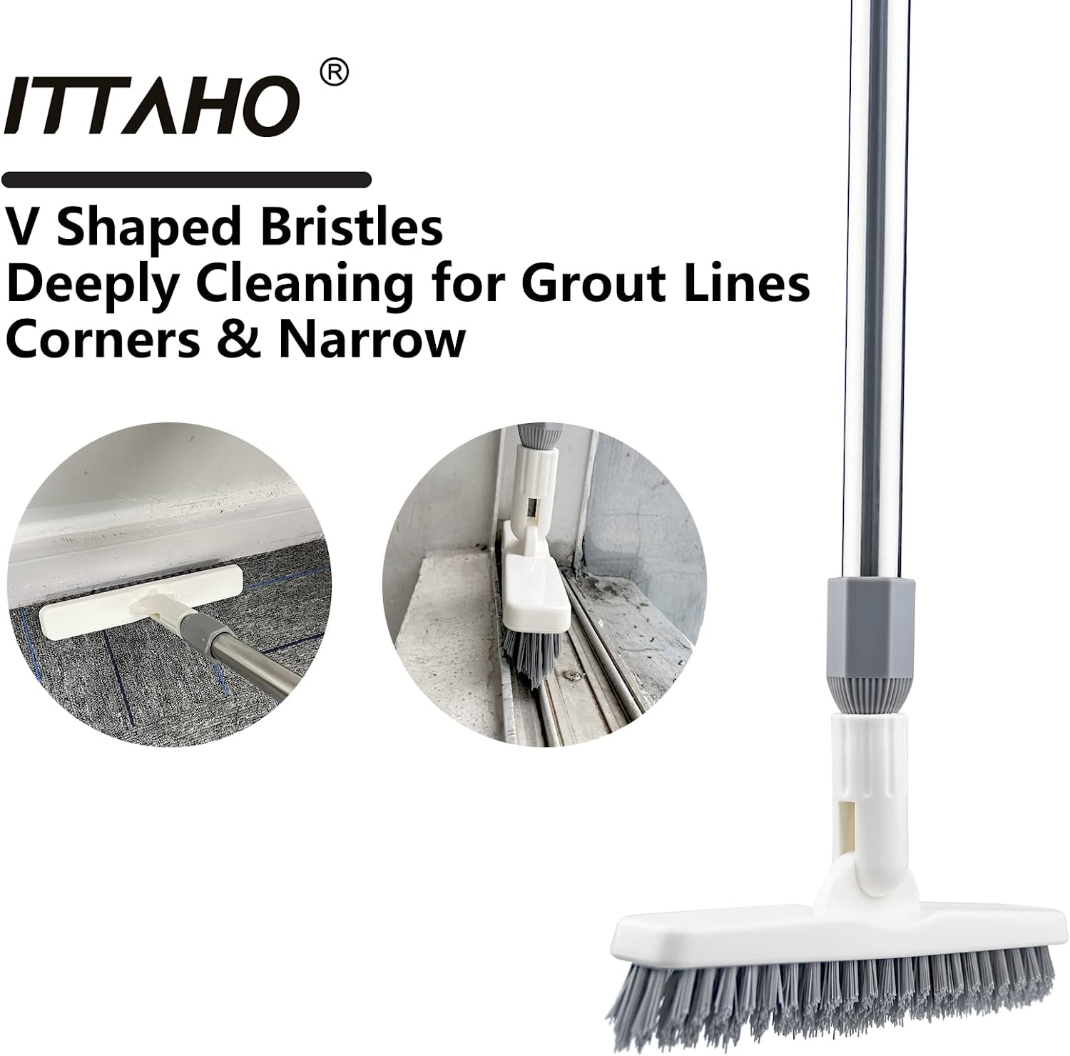 ITTAHO 2 Pack Grout Brush with Long Handle, Swivel Cleaning Grout Line Scrubber - Extendable Durable Handle Grout Cleaner Brush, White & Grey - ITTAHO