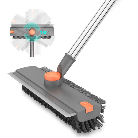 ITTAHO Rotatable Floor Scrub Brush with Long Handle, 3 in 1 Stiff Bristles Deck Brush with Squeegee