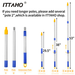 ITTAHO 53" Long Extension Pole for Window Squeegee with 2 Types Removable Adaptors