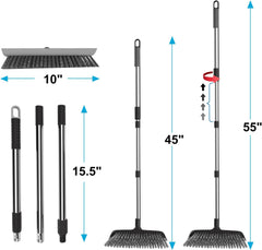 Floor Scrub Brush with Long Handle, Adjustable Stainless Steel Handle, Stiff Bristles & Rubber Squeegee Scraper, Heavy Duty Scrubber