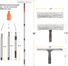 Squeegee for Window Cleaning, Long Handle Cleaner Tool, 11” Microfiber Cloth and 12” Squeegee Cleaner Kit