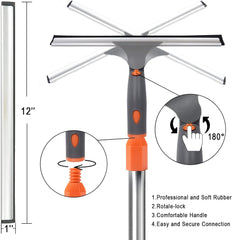 Squeegee for Window Cleaning, Long Handle Cleaner Tool, 11” Microfiber Cloth and 12” Squeegee Cleaner Kit