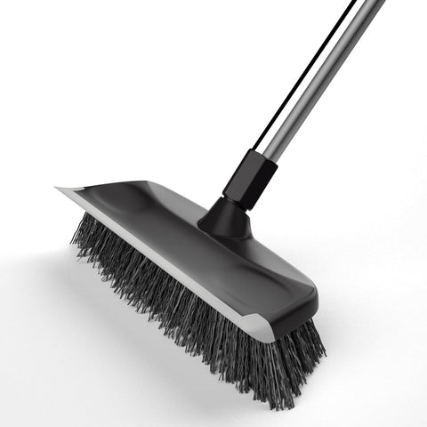 Floor Scrub Brush with Long Handle, Adjustable Stainless Steel Handle, Stiff Bristles & Rubber Squeegee Scraper, Heavy Duty Scrubber