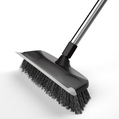 Floor Scrub Brush with Long Handle, Adjustable Stainless Steel Handle, Stiff Bristles & Rubber Squeegee Scraper, Heavy Duty Scrubber