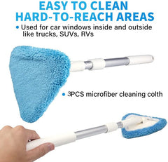 Windshield Clean Tool, Car Window Cleaner with Extendable Handle, 3pcs Microfiber Pads