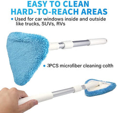 Windshield Cleaning Tool, Car Window Cleaner with Extendable Long Handle and 3pcs Washable Reusable Microfiber Pads