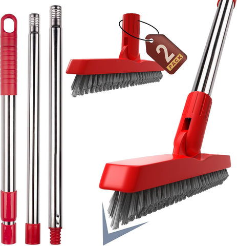 ITTAHO 2 Pack Grout Brush with Long Handle, Swivel Cleaning Grout Line Scrubber, Extendable Handle Grout Cleaner Brush Red
