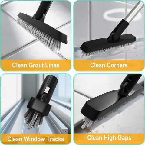 ITTAHO 2 Pack Grout Brush with Long Handle, Swivel Cleaning Grout Line Scrubber for Bathroom,Tile,Baseboard,Walk in Shower,Corner & Narrow Space (Black)