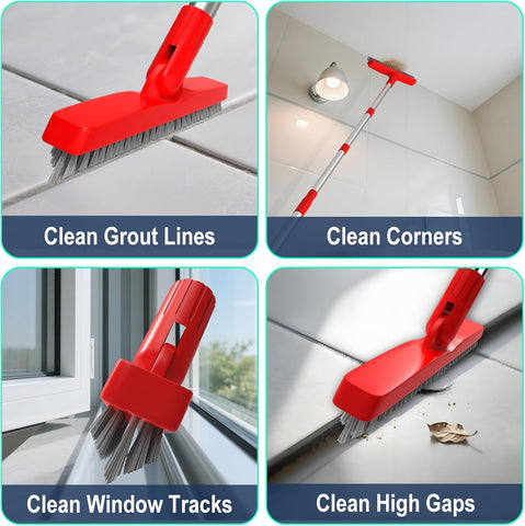 ITTAHO 2 Pack Grout Brush with Long Handle, Swivel Cleaning Grout Line Scrubber, Extendable Handle Grout Cleaner Brush Red