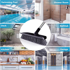 Floor Scrub Brush with Long Handle, Adjustable Stainless Steel Handle, Stiff Bristles & Rubber Squeegee Scraper, Heavy Duty Scrubber
