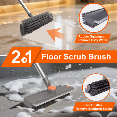 ITTAHO Rotatable Floor Scrub Brush with Long Handle, 3 in 1 Stiff Bristles Deck Brush with Squeegee