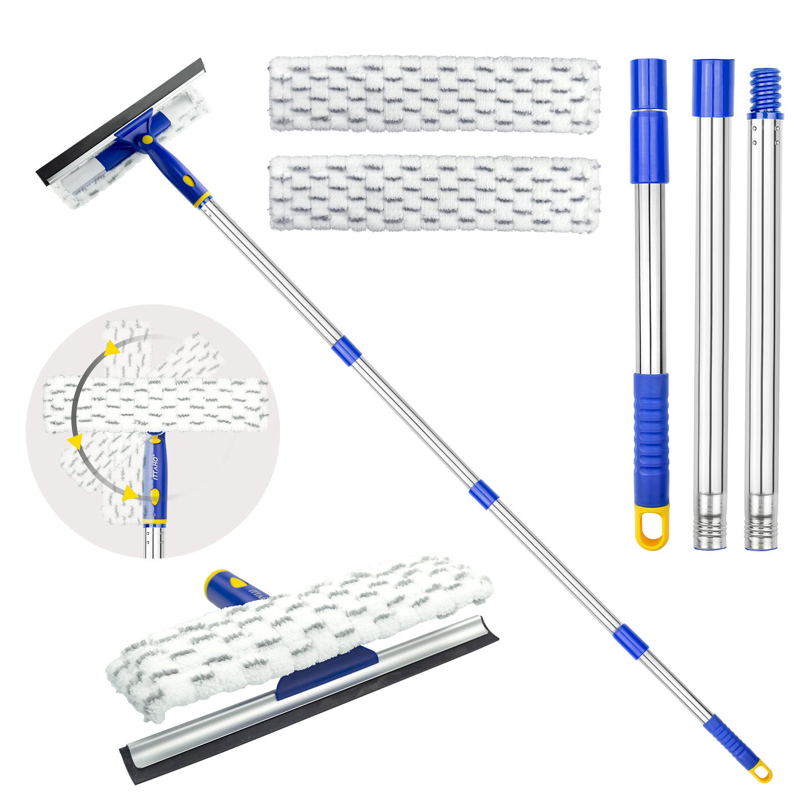 Glass Cleaning Tool Double-sided Telescopic Rod Window Cleaner Mop Squeegee  Wiper Long Handle Rotating Head Brush