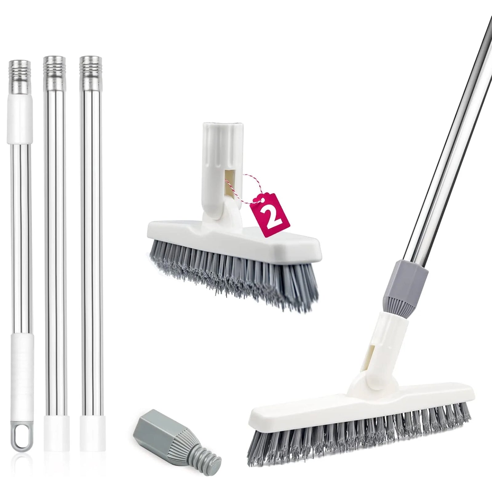 ITTAHO 2 Pack Grout Brush with Long Handle, Swivel Grout Line Scrubber,  White+Grey