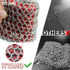 ITTAHO Chainmail Scrubber with Silicone Core, Food Grade Chain Mail Scrubbing Pad with Extra Kitchen Sponge, Stainless Steel Cast Iron Cleaner for Cast Iron Skillet, Pan, Griddle, Oven - ITTAHO
