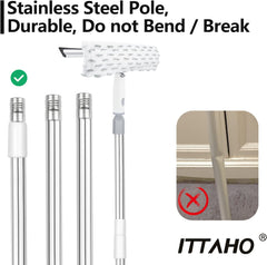 ITTAHO Swivel Window Cleaning Tool, 2-in-1 Window Squeegee and Microfiber Scrubber with 53" Stainless Steel Extension Pole, Long Squeegee Window Cleaner, White & Gray - ITTAHO