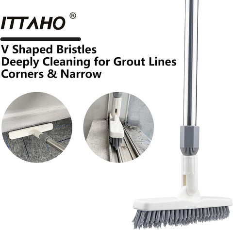 ITTAHO 2 Pack Grout Brush with Long Handle, Swivel Grout Line Scrubber, White+Grey