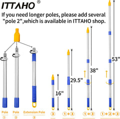 ITTAHO Upgraded 53" Long Extension Pole for Window Squeegee, Adjustable 3 Piece Extendable Pole with 2 Type of Removable Adaptors for Paint Roller, All Household Cleaning Tools - ITTAHO