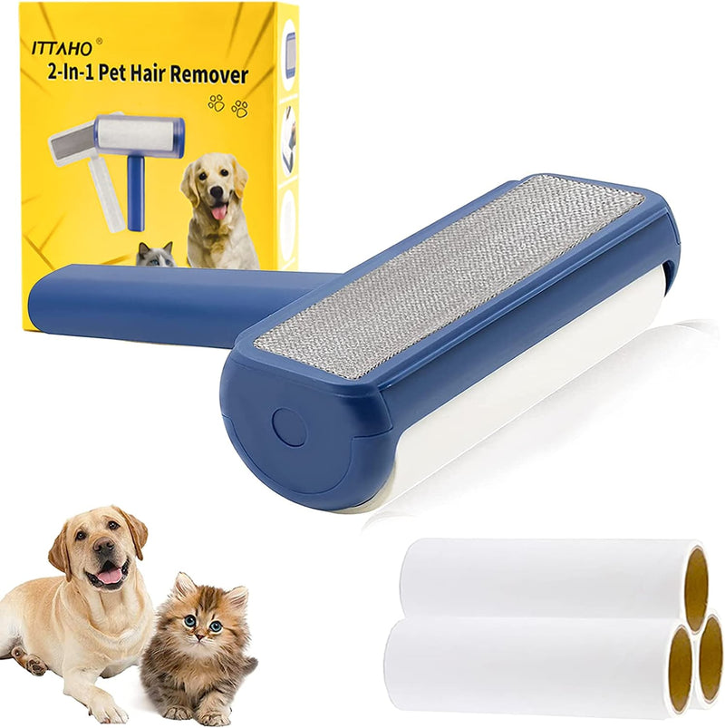ITTAHO Pet Hair Remover, 2-in-1 Cat Hair Remover with Lint Roller(4 Count), Reusable Dog Hair Remover with Self-Cleaning Base for Furniture, Couch, Bedding, Clothing, Home Car RV Fur Remove - ITTAHO