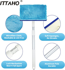 ITTAHO Lightweight Window Squeegee,Car Windshield Squeegee with Extra Spray Bottle, Household Mirror Cleaning Tool with Extension Pole for Shower Glass Door-2 Microfiber Pads - ITTAHO