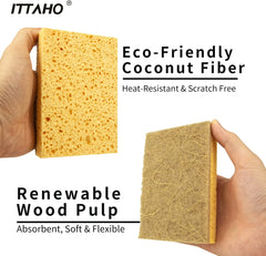 ITTAHO 12 Pack Natural Dish Sponge, Eco-Friendly Scrub Sponge, Compostable Coconut & Cellulose Cleaning Scrubber Non-Scratch Kitchen Sponge for Pot, Pan, Bathroom, Flatware, Sink, Brown+Yellow - ITTAHO