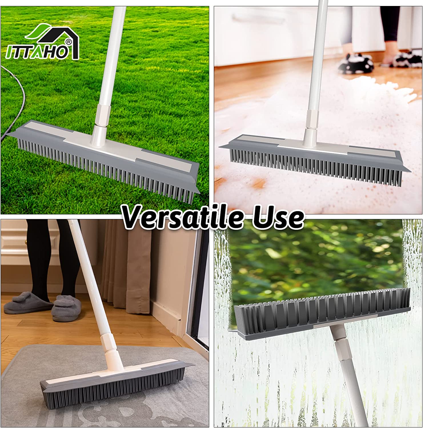 ITTAHO Rubber Broom Carpet Rake with Silicone Squeegee for Removing Du