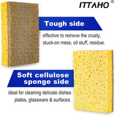ITTAHO 12 Pack Natural Dish Sponge, Eco-Friendly Scrub Sponge, Compostable Coconut & Cellulose Cleaning Scrubber Non-Scratch Kitchen Sponge for Pot, Pan, Bathroom, Flatware, Sink, Brown+Yellow - ITTAHO