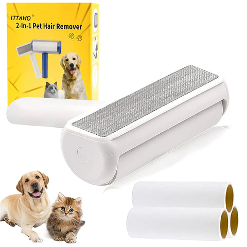 ITTAHO Pet Hair Remover, 2-in-1 Cat Hair Remover with Lint Roller(4 Count), Reusable Dog Hair Remover with Self-Cleaning Base for Furniture, Couch, Bedding, Clothing, Home Car RV Fur Remove - ITTAHO