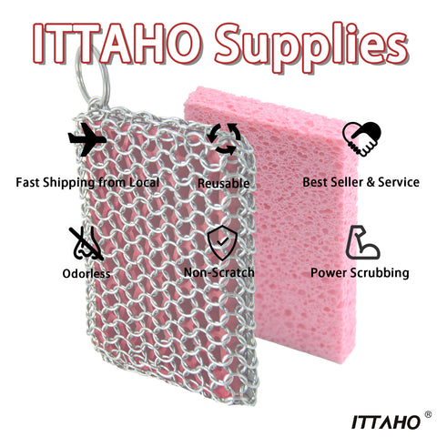 ITTAHO Chainmail Scrubber with Silicone Core, Food Grade Chain Mail Scrubbing Pad with Extra Kitchen Sponge, Stainless Steel Cast Iron Cleaner for Cast Iron Skillet, Pan, Griddle, Oven - ITTAHO