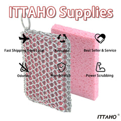 ITTAHO Chainmail Scrubber with Silicone Core, Food Grade Chain Mail Scrubbing Pad with Extra Kitchen Sponge, Stainless Steel Cast Iron Cleaner for Cast Iron Skillet, Pan, Griddle, Oven - ITTAHO